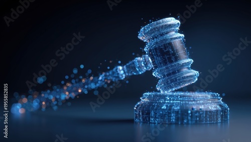 digital gavel on a blue background, representing the ai/machine learning system for processing evidence in a courtroom smart videogame concept Generative AI