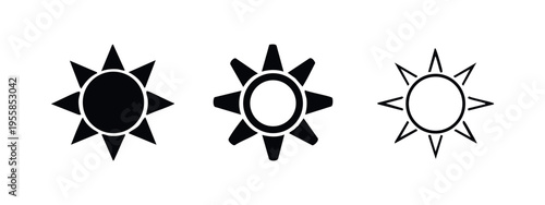 Sun or Brightness Icons with Angular Rays in Three Styles