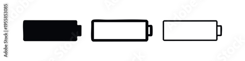 Battery level indicator icon set. Full, half empty, and empty battery symbols in various styles.