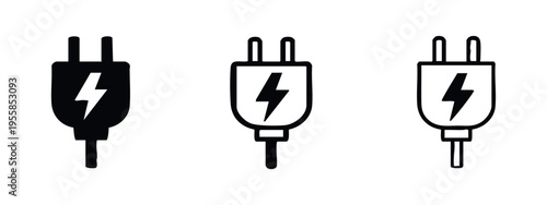 Electric plug with lightning bolt icon set. Power and electricity symbols in various styles.
