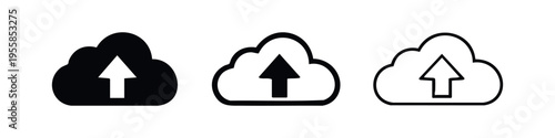 Cloud upload icon set. Data upload to server symbol with arrow in cloud.