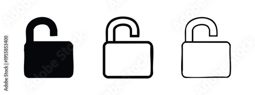 Unlocked padlock icon set. Open security symbol in various styles, representing access or freedom.