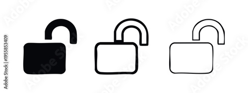 Unlocked padlock icon set. Open lock symbol for security and access in different styles.