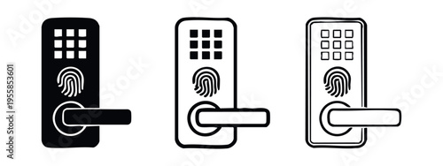 Smart Door Lock with Fingerprint Scanner and Keypad Icon Set. Digital Security and Access Control System.