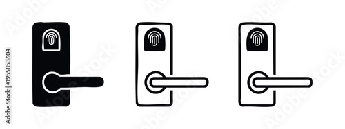 Modern Smart Door Lock with Fingerprint Biometric Scanner Icon Set. Keyless Home Security System.
