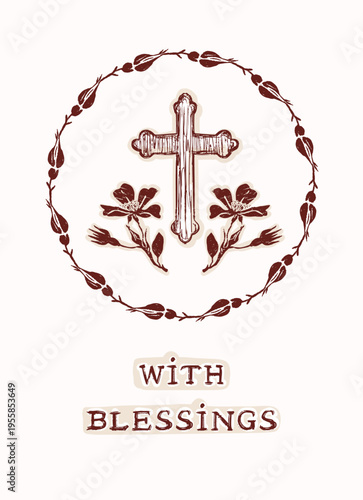Hand drawn easter floral wreath with christian cross printable greeting card. Flat isolated vector design with botanical motif and block print flower. For Holy week blessings greetings