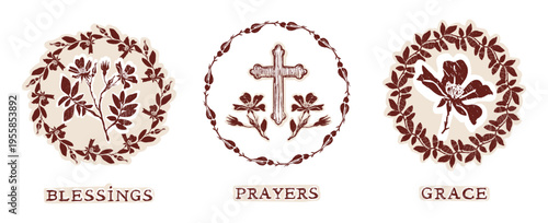 Hand drawn easter floral wreath with christian cross printable greeting card. Flat isolated vector design with botanical motif and block print flower. For Holy week blessings greetings card.