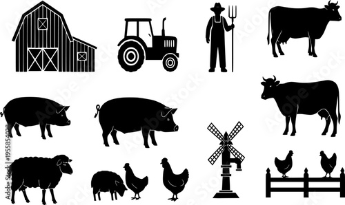 Set of farm life silhouette vector
