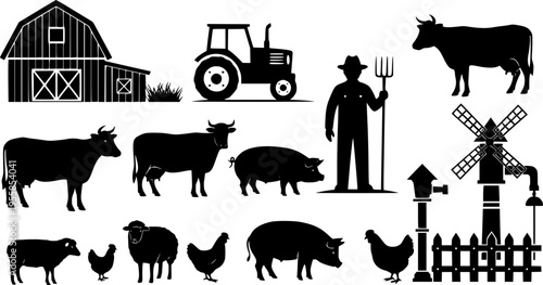 Set of farm life silhouette vector
