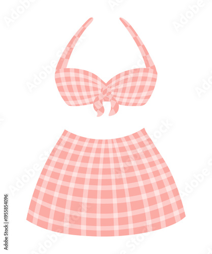 Bikini, two piece swimsuit, retro pink swimming suit with skirt illustration isolated. Woman beachwear. Summer holidays, resort, pool, water sport. Flat design, clip art element, hand drawn vector