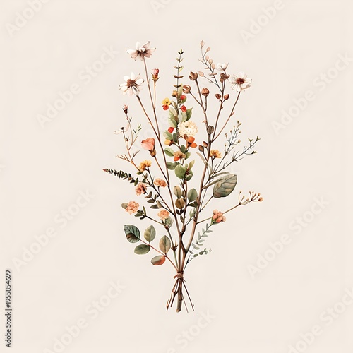 Delicate watercolor bouquet of wildflowers and greenery on a cream background Image