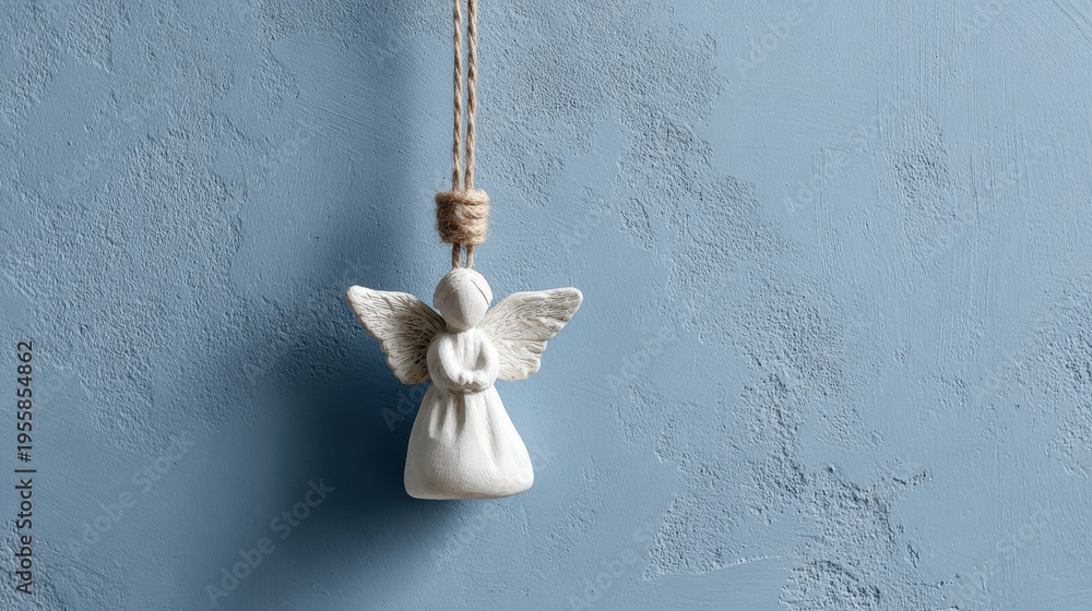 Naklejka premium Minimal white hanging angel ornament near rustic blue wall with soft natural light in simple holiday setting