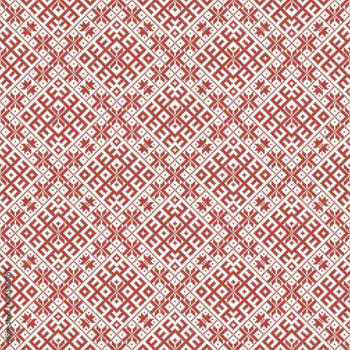 Seamless repeating pattern featuring traditional Latvian ornamental symbols deeply rooted in authentic Baltic folk art and cultural heritage. The design is rendered in the iconic colors of Latvia