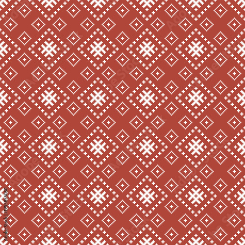 Seamless repeating pattern featuring traditional Latvian ornamental symbols deeply rooted in authentic Baltic folk art and cultural heritage. The design is rendered in the iconic colors of Latvia