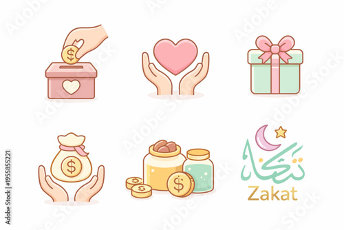 A collection of six cartoon icons illustrating various aspects of charity, donation, giving, and Islamic zakat, featuring hands, money, gifts, and symbolic elements.