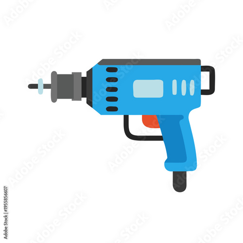A blue and grey electric power drill with a bit.