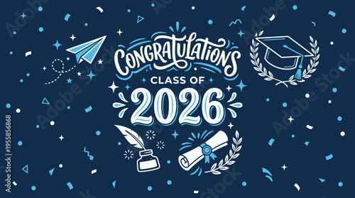 Celebratory digital illustration featuring a graduation theme with confetti and academic symbols for class of 2026
