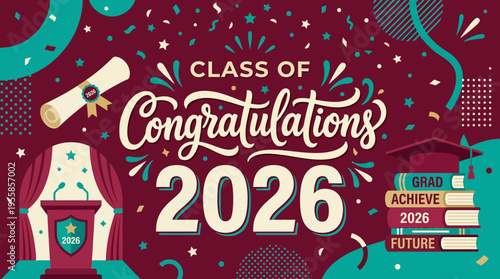 Celebration of Graduation for the Class of 2026 Featuring Confetti, Diplomas, and Academic Symbols in a Festive Design