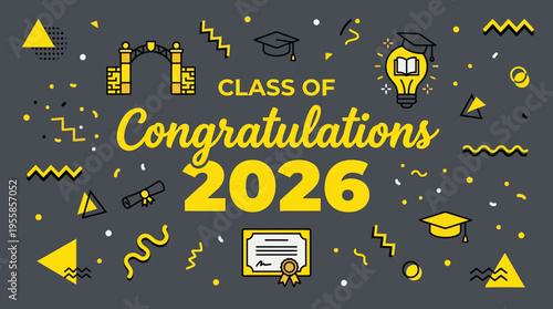 Celebratory graduate announcement for the class of 2026 with vibrant design elements and symbolic icons celebrating academic
