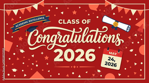 Celebratory Graduation Announcement Banner for Academic Achievements Commemorating Class of 2026 with Festive Elements and a