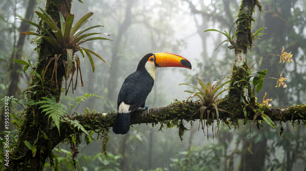 Naklejka premium Toucan on Mossy Branch in Foggy Rainforest with Soft Focus Background