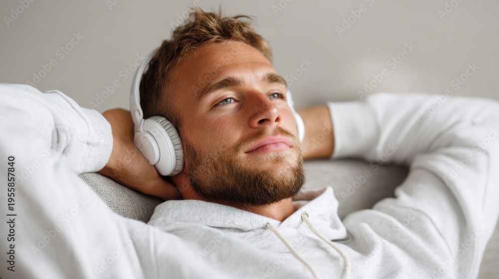 Obraz premium Man relaxes on couch with headphones in cozy home setting enjoying a moment of music or meditation