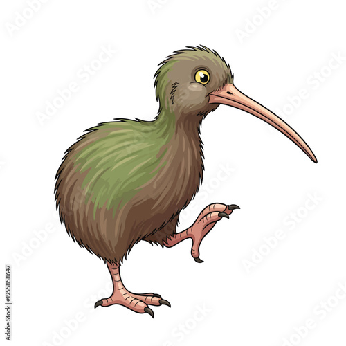 A vector illustration of a kiwi bird in a walking pose, showcasing its distinctive green and brown feathers, long beak, and pink legs on a white background. Perfect for wildlife designs,