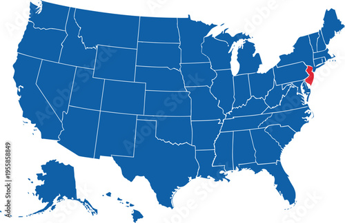 Tableau sur toile USA Map with New Jersey Highlighted in Red - Vector Illustration