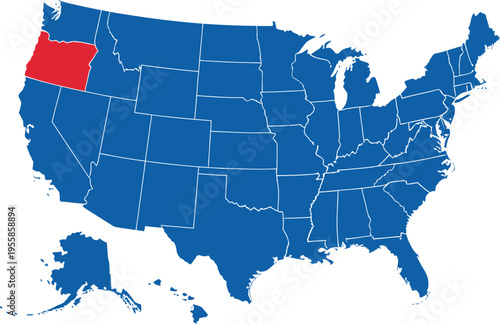 Εκτύπωση καμβά USA Map with Oregon Highlighted in Red - Vector Illustration