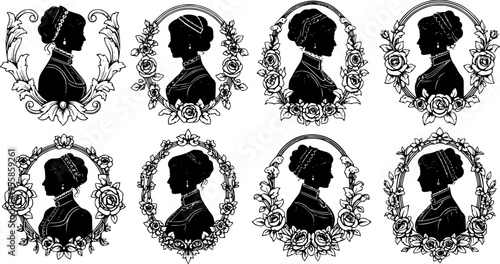 Vintage Victorian lady silhouette in ornate baroque floral frame, antique black and white elegant woman profile vector illustration for scrapbooking