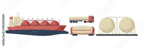 Gas transportation and storage. Flat vector illustration. Energy industry, fuel logistics, supply chain, gas distribution for energy company materials, logistics presentations, transportation sector.