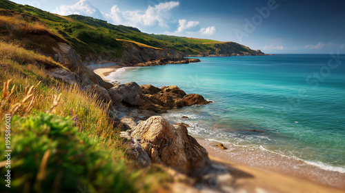 Expansive coastal landscape showcasing turquoise waters lapping golden sands, tranquility beauty and serenity of nature at its finest concept, defocused background, with copy space