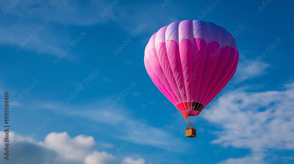 Obraz premium Beautiful pink hot air balloon floating against clear blue sky, adventure and freedom rising into vast open heavens concept, defocused cloud background, with copy space