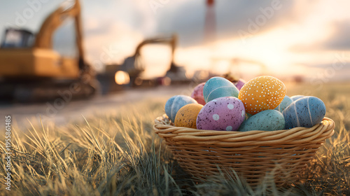 Easter basket with colorful eggs on spring grass at a highway construction site, unfinished road and machinery behind, warm morning sunlight, bright seasonal scene.