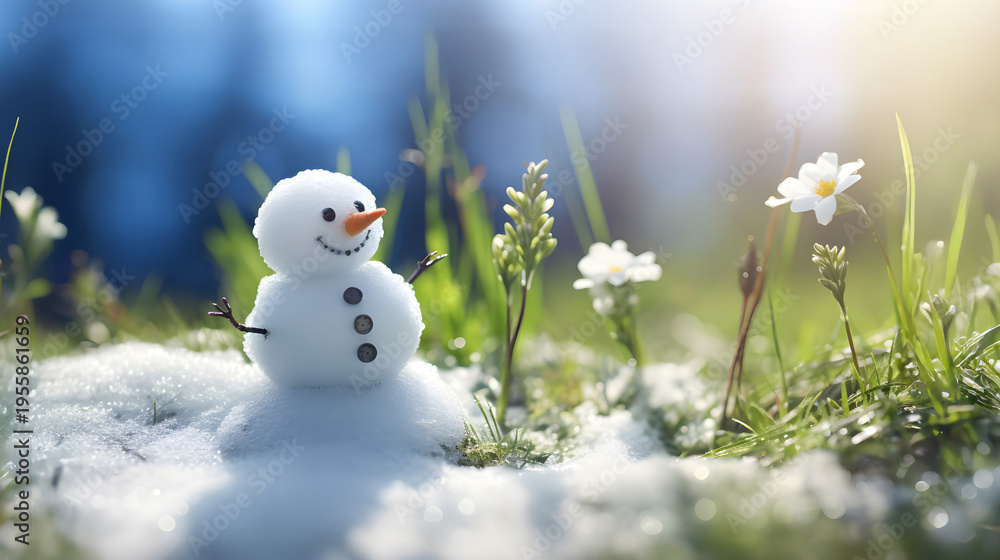Obraz premium Snowman on a meadow with grass and spring flowers growing through the melting snow. Concept of spring coming and winter leaving.