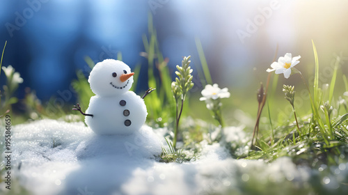 Snowman on a meadow with grass and spring flowers growing through the melting snow. Concept of spring coming and winter leaving.