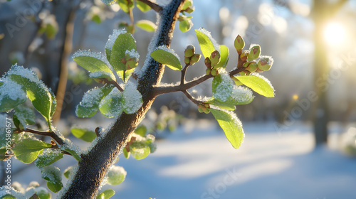 Closeup of branch in the beginning of spring with first green leaves starting to grow in the forest still covered with snow in the background. Concept of spring coming, winter leaving and change.