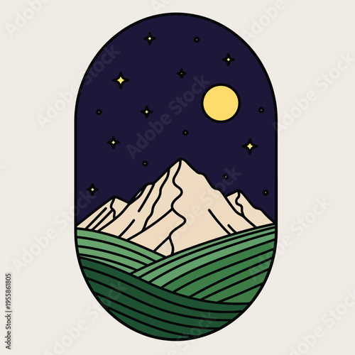 Vector Illustration of Majestic Mountains Under a Starry Night Sky and Moon