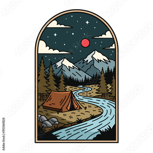 Night camping adventure in serene mountain wilderness with river and forest vector illustration.