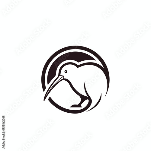 Vector illustration of a Kiwi Bird in a circular design, presented in a simple black and white style. Perfect for wildlife logos, conservation materials, and educational resources.