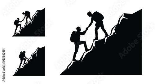 Teamwork and support during a challenging mountain climb silhouette