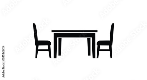 Simple dining table and chairs shown in stark black silhouette
