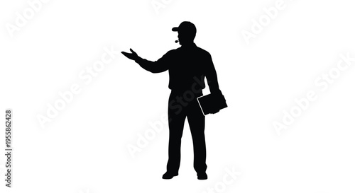 A coach giving instructions with a clipboard stark black silhouette