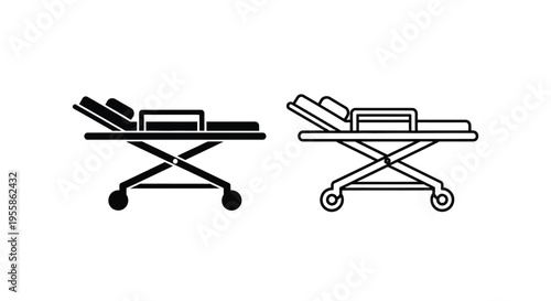 Two depictions of a hospital gurney one solid one outlined silhouette