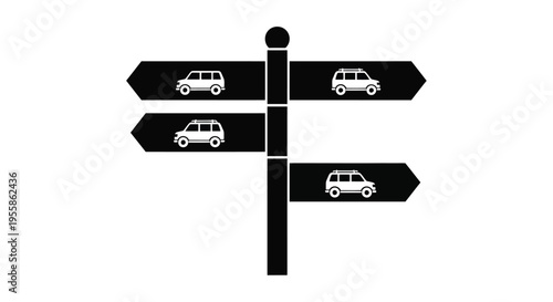 Directional signpost with vehicle icons pointing various ways silhouette