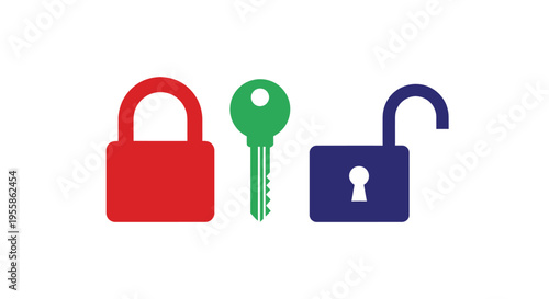 Colorful locks and key depicting security and access silhouette
