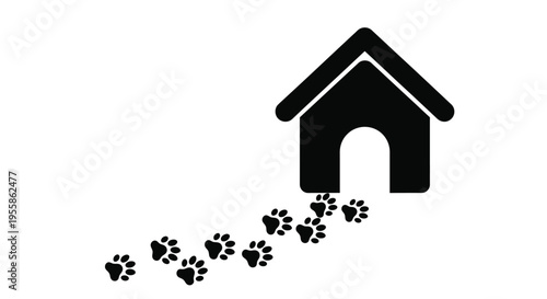 Simple black house with paw prints leading towards it silhouette