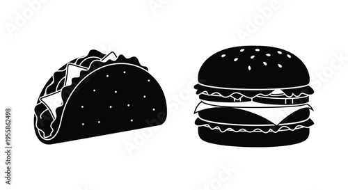 Black silhouettes of a taco and hamburger fast food icons silhouette