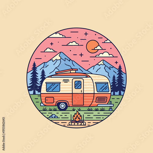 Outdoor camping adventure with a travel trailer in a mountain landscape illustration