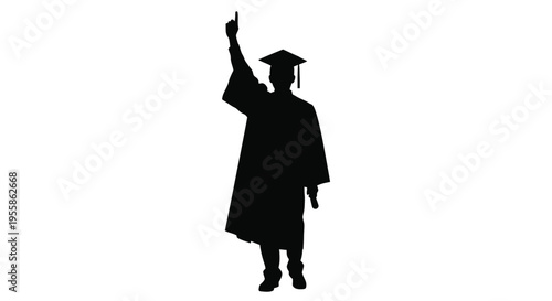 A graduating student celebrates with a raised hand stark silhouette